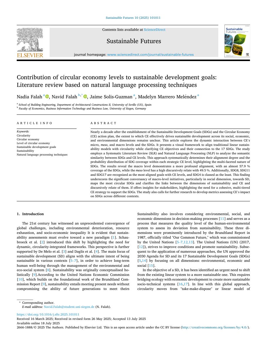 First page of the circular economy levels and SDGs paper