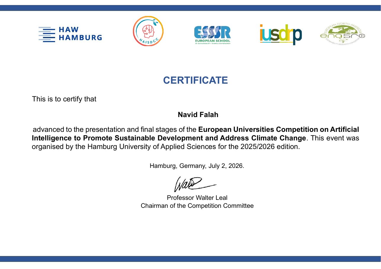 Hamburg AI sustainability competition certificate awarded to Navid Falah