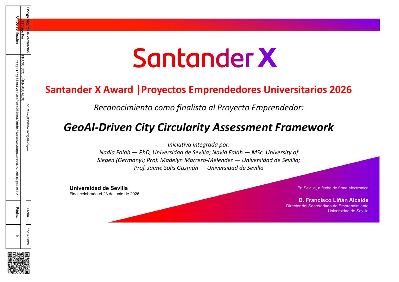 Santander X University Entrepreneurs finalist certificate for GeoAI