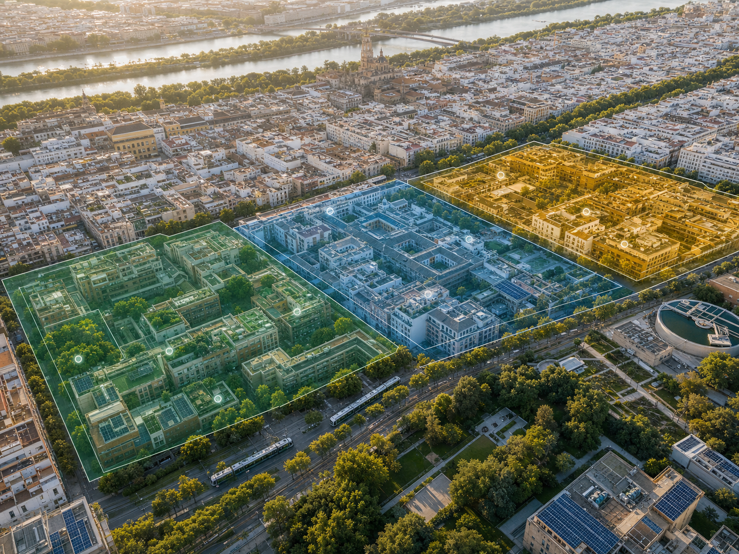 Aerial view of a Mediterranean city with three GeoAI analysis zones, public transit, green infrastructure, and solar rooftops